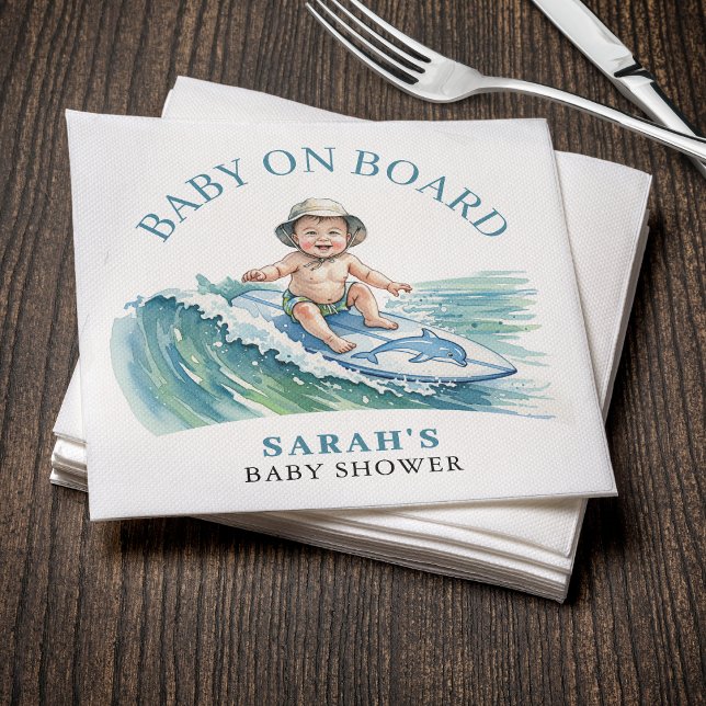 Baby on Board Watercolor Surfing Baby Shower Napkin (Baby on Board Watercolor Surfing Baby Shower Napkins
)