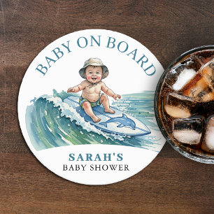 Baby on Board Watercolor Surfing Baby Shower Round Paper Coaster