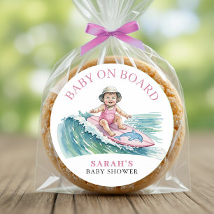 Baby on Board Watercolor Surfing Girl Baby Shower Classic Round Sticker
