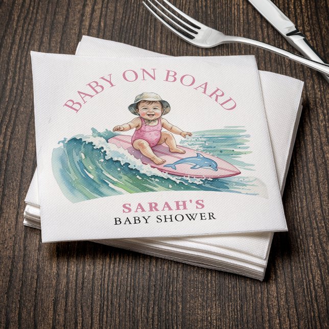 Baby on Board Watercolor Surfing Girl Baby Shower Napkin (Baby on Board Watercolor Surfing Girl Baby Shower Napkins
)