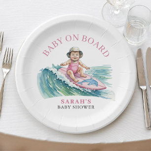 Baby on Board Watercolor Surfing Girl Baby Shower Paper Plate