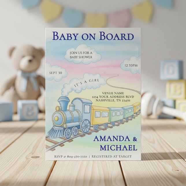 Baby on Board Watercolor Train Baby Shower Invitation (Baby on Board Watercolor Train Baby Shower Invitation
)
