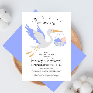Baby on The Way Cute Stork Blue Boy Baby Shower Invitation