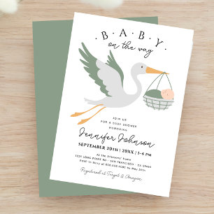 Baby on The Way Cute Stork Sage Green Baby Shower Invitation