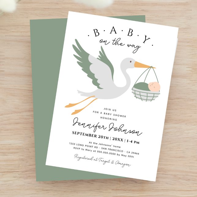 Baby on The Way Cute Stork Sage Green Baby Shower Invitation (Creator Uploaded)