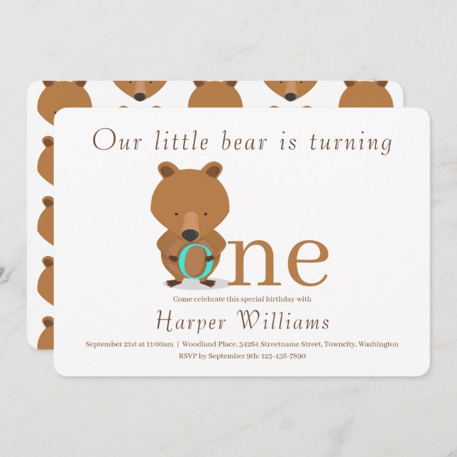 Baby One Bear First Birthday Invitation (Front/Back)
