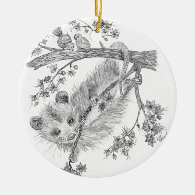 Baby Opossum Holds onto Tree Branches Ceramic Tree Decoration (Front)