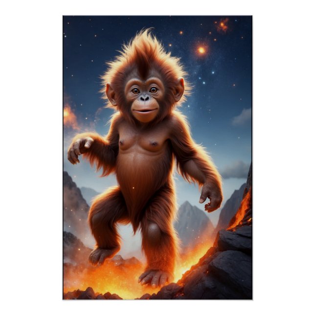 Baby Orangutan and Volcano Poster (Front)