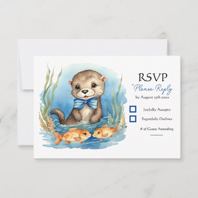 Baby Otter Boy Birthday Party RSVP Card (Front)