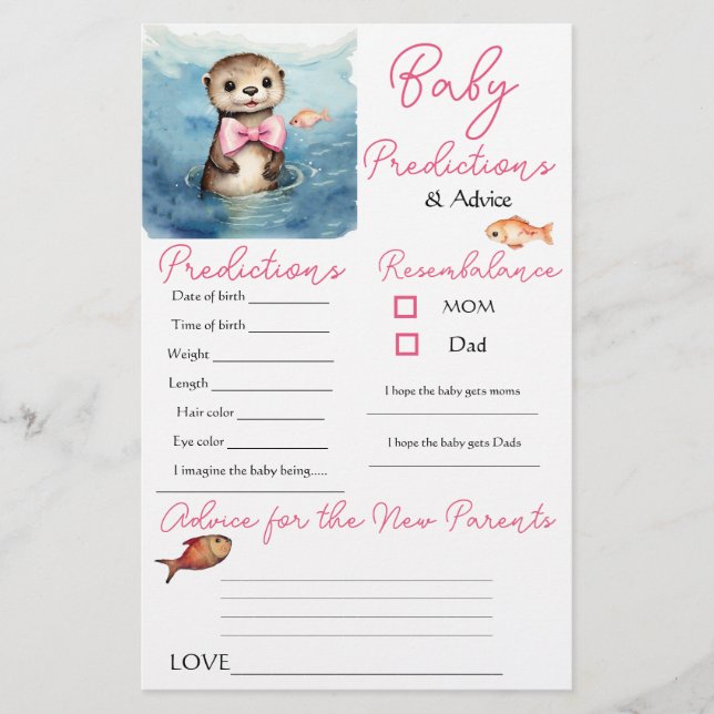 Baby Otter Girl Baby Predictions Advice Card (Front)