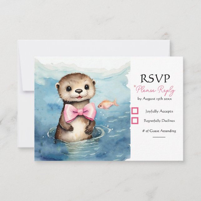 Baby Otter Girl Baby Shower RSVP Card (Front)
