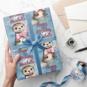 Baby Otter Girl Personalized Birthday Wrapping Paper