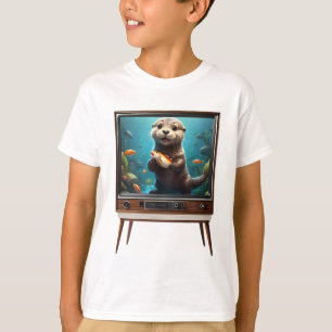 Baby Otter With Fish On Analogue Television, T-Shirt