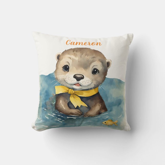 Baby Otter Yellow Bow Personalised Neutral Cushion (Front)
