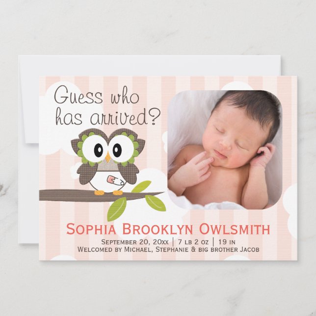 Baby Owl Announcements Girl (Front)