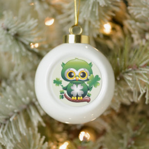 Baby Owl Cute St Patrick Cartoon Ceramic Ball Christmas Ornament