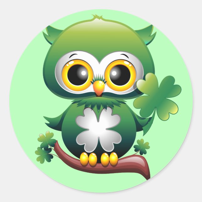 Baby Owl Cute St Patrick Cartoon Classic Round Sticker (Front)