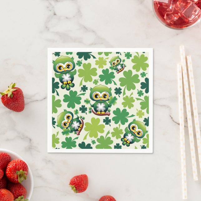 Baby Owl Cute St Patrick Cartoon Napkin (Insitu)