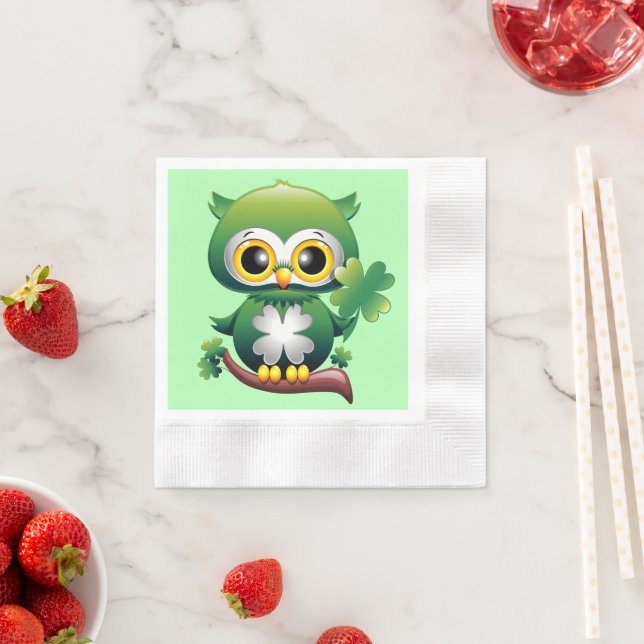 Baby Owl Cute St Patrick Cartoon Napkin (Insitu)
