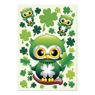 Baby Owl Cute St Patrick Cartoon Photo Print