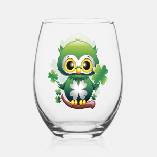 Baby Owl Cute St Patrick Cartoon Stemless Wine Glass