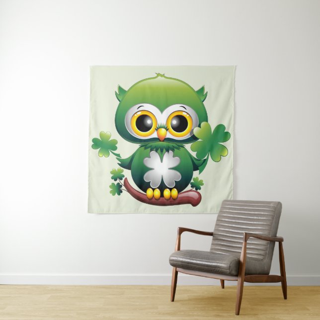 Baby Owl Cute St Patrick Cartoon Tapestry (In Situ)