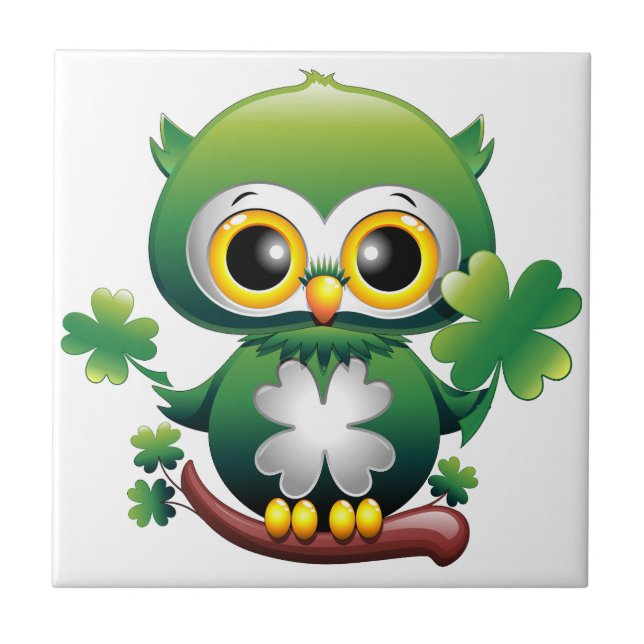 Baby Owl Cute St Patrick Cartoon Tile (Front)