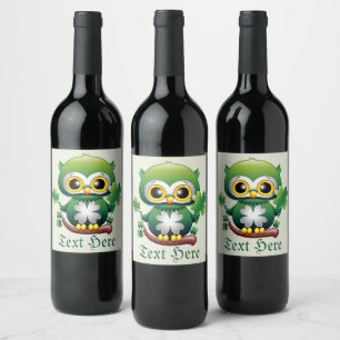 Baby Owl Cute St Patrick Cartoon Wine Label