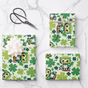 Baby Owl Cute St Patrick Cartoon Wrapping Paper Sheet