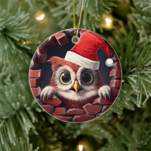 Baby Owl in Santa Hat - 3D Ceramic Tree Decoration