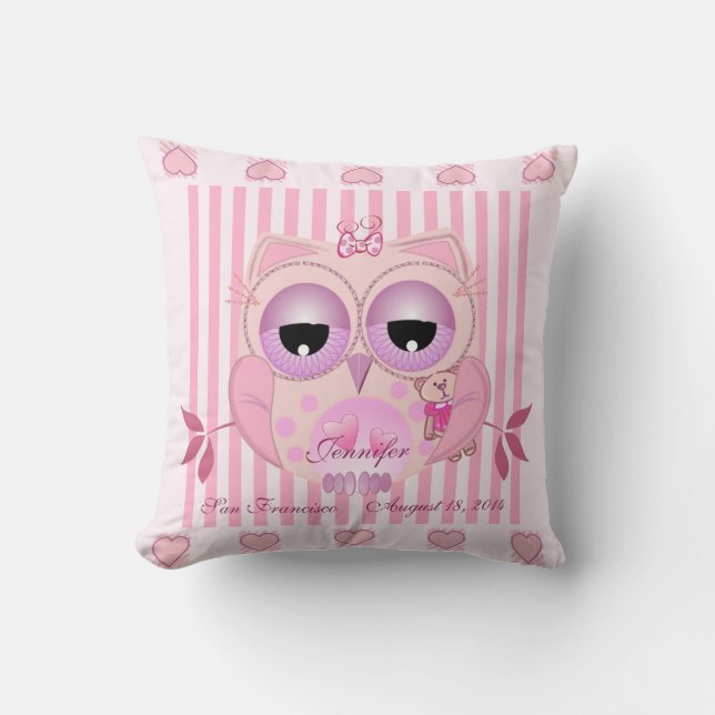 Baby Owl Pillow with Name and Birth information (Front)