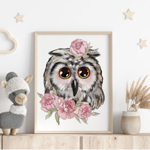 Baby Owl Rose Animal Poster   Wall Print