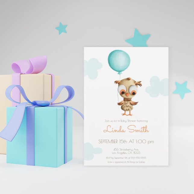 Baby Owl with Balloon Gender Neutral Baby Shower Invitation (Creator Uploaded)