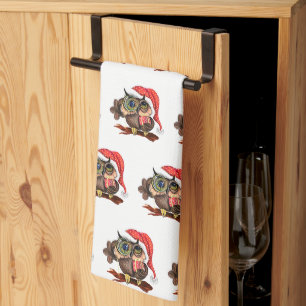 Baby Owls In Christmas Hat with Gift Kitchen Towel