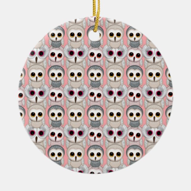Baby Owls on Pink Pattern Ceramic Tree Decoration (Front)
