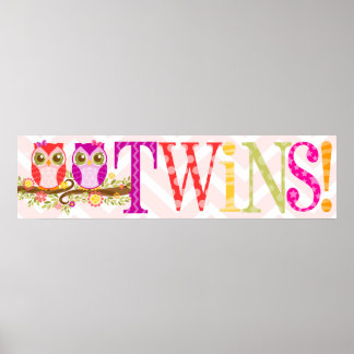 Baby Owls - Twin Girls Pink & Purple Shower Banner Poster