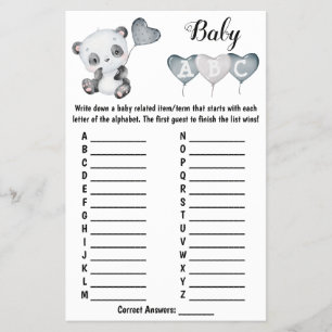 Baby Panda ABC Baby Shower Game Card
