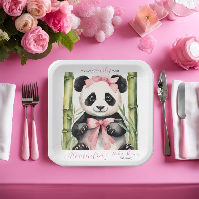 Baby Panda Bear Bearly Wait Girls Baby Shower Paper Plate (Creator Uploaded)