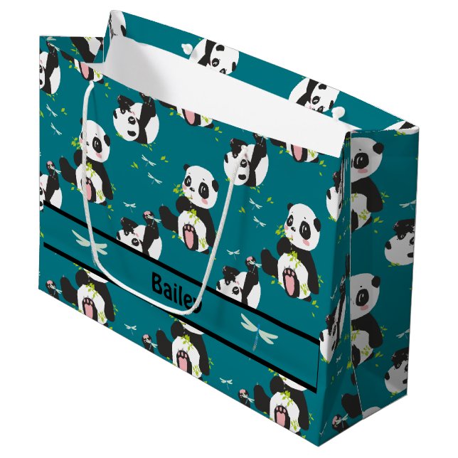Baby Panda Bear Dragonfly Teal Custom Large Gift Bag (Front Angled)