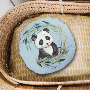 Baby Panda Bear in Wreath Nursery Round Pillow