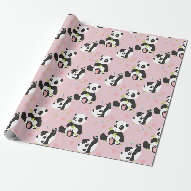 Baby Panda Bear Pink Hearts Wrapping Paper (Unrolled)