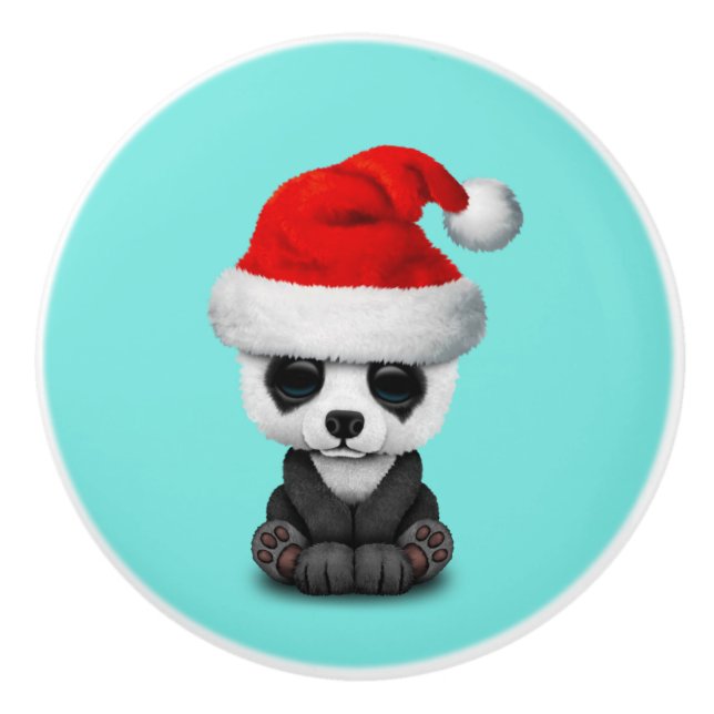 Baby Panda Bear Wearing a Santa Hat Ceramic Knob (Front)