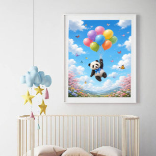 Baby Panda floating colourful balloons Poster