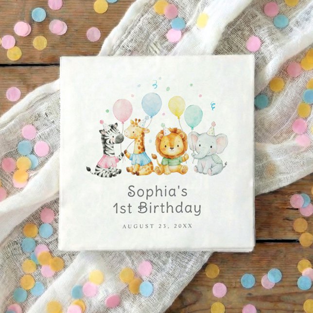 Baby Party Animals Cute 1st Birthday Napkin (Kids birthday party napkins with elephant, lion, giraffe and zebra holding balloons)