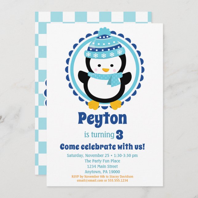 Baby Penguin Blue Winter Birthday Party Invitation (Front/Back)
