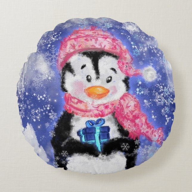 Baby Penguin Christmas Round Pillow Gift (Front)