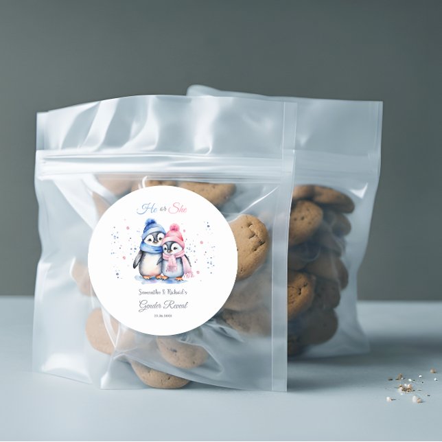 Baby Penguin Gender Reveal Thank You Favour Sticke Classic Round Sticker (Creator Uploaded)