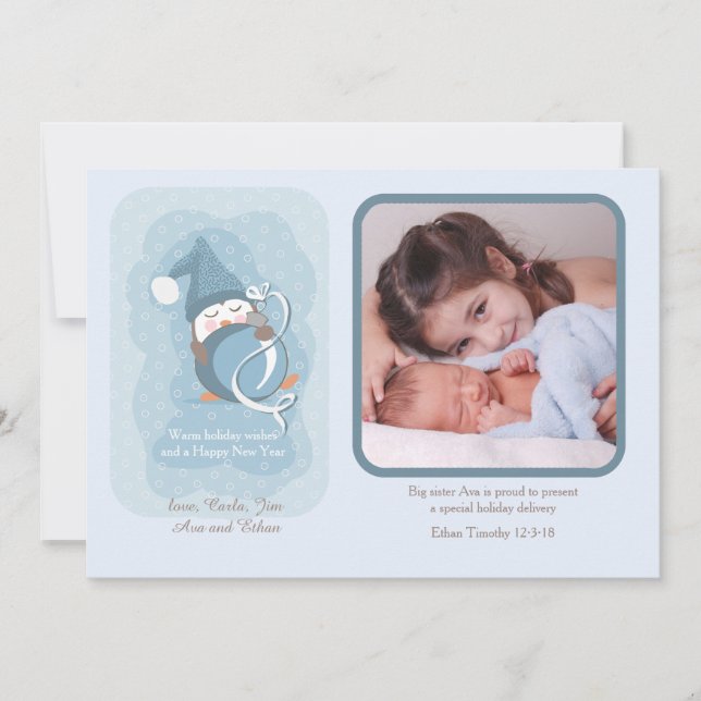 Baby Penguin Holiday Photo Birth Announcement (Front)