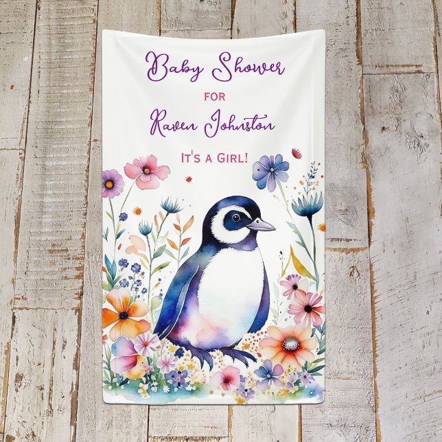 Baby Penguin in Flowers Girl's Baby Shower Banner (Creator Uploaded)