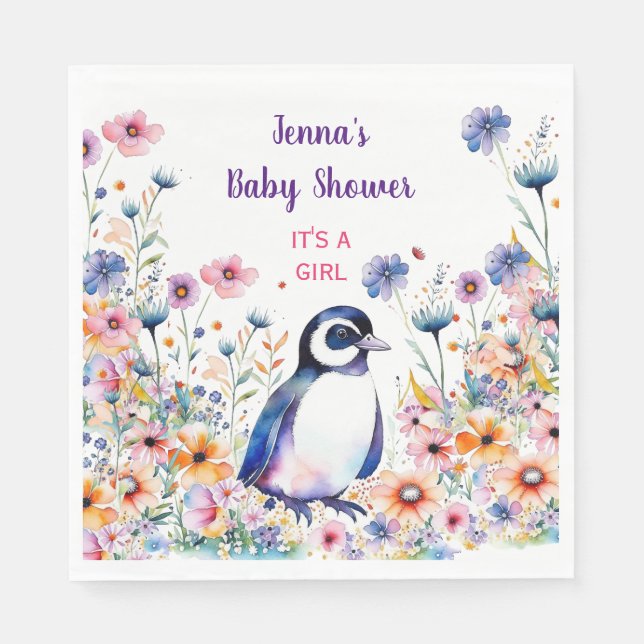 Baby Penguin in Flowers It's a Girl | Baby Shower Napkin (Front)